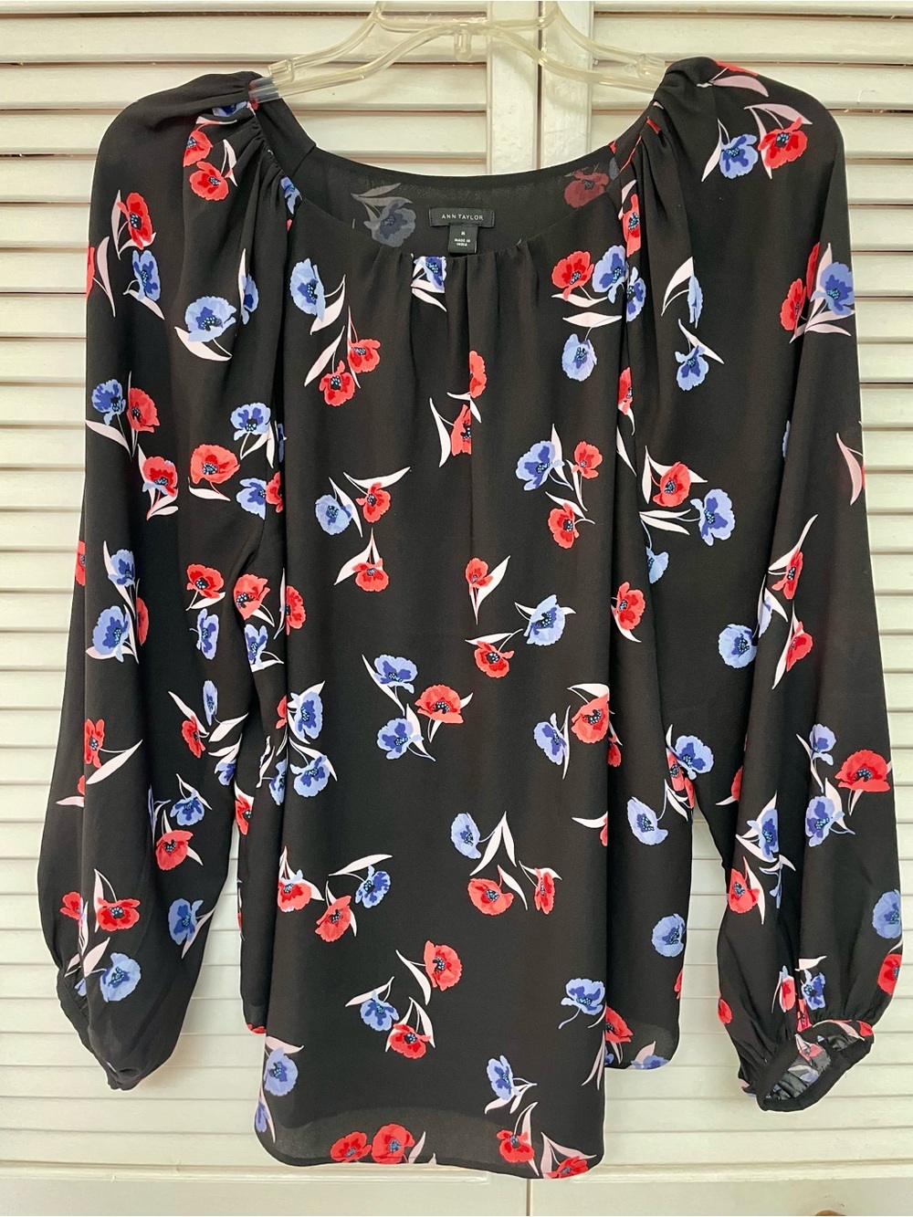 Ann Taylor Black Floral Peasant Blouse with Red & Blue Flowers